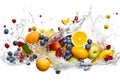 Fresh fruits splashing into clear water Royalty Free Stock Photo