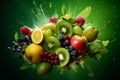 fresh fruits splashing on green background, bunch of fruit in motion