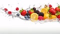 Fresh fruits strawberry, blackberry, blueberry, raspberry and orange with water splash freeze motion on white background. Royalty Free Stock Photo