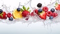 Fresh fruits strawberry, blackberry, blueberry, raspberry and orange with water splash freeze motion on white background. Royalty Free Stock Photo