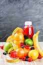 Fresh fruits and various juices Royalty Free Stock Photo