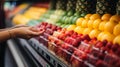 Fresh fruits, vegetables and berries on the shelf in the supermarket background. AI generated Royalty Free Stock Photo