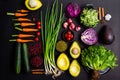 Fresh fruits and vegetables,cucumber, cauliflower, avocado,red green bean,babt carrot, red onion,tomato,Purple Cauliflower, Royalty Free Stock Photo