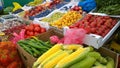 Fresh fruits and vegetables on farmer market. Corn, peppers, tomatoes, plums, peaches, apricots, garlic, grapes on supermarket she