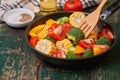 Fresh Fruits And Vegetables On A Frying Pan On An Old Wood Background