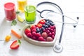 Fresh fruits vegetables and heart shape with stethoscope health diet concept Royalty Free Stock Photo