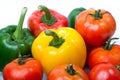 Fresh fruits and vegetables isolated on white background,Red green yellow vegetables,Fresh fruits and vegetables piled together on Royalty Free Stock Photo