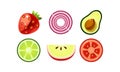 Fresh fruits and vegetables set, apple, tomato, lime, avocado, red onion, strawberry vector Illustration on a white Royalty Free Stock Photo