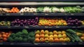 Fresh fruits and vegetables on the shelf in the supermarket. Generative AI Royalty Free Stock Photo