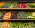 Fresh fruits and vegetables on the shelf in the supermarket. Generative AI Royalty Free Stock Photo