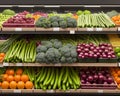 Fresh fruits and vegetables on the shelf in the supermarket. Generative AI Royalty Free Stock Photo