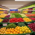 Fresh fruits and vegetables on the shelf in the supermarket. Generative AI Royalty Free Stock Photo