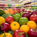 Fresh fruits and vegetables on the shelf in the supermarket. Generative AI Royalty Free Stock Photo