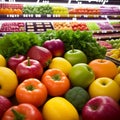 Fresh fruits and vegetables on the shelf in the supermarket. Generative AI Royalty Free Stock Photo