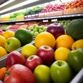 Fresh fruits and vegetables on the shelf in the supermarket. Generative AI Royalty Free Stock Photo