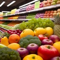Fresh fruits and vegetables on the shelf in the supermarket. Generative AI Royalty Free Stock Photo