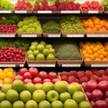 Fresh fruits and vegetables on the shelf in the supermarket. Generative AI Royalty Free Stock Photo