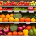 Fresh fruits and vegetables on the shelf in the supermarket. Generative AI Royalty Free Stock Photo