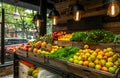 Fresh fruits and vegetables in store. A fruit stand with wooden boxes filled with various fruits like apples Royalty Free Stock Photo