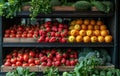 Fresh fruits and vegetables on supermarket shelf Royalty Free Stock Photo