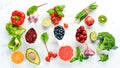 Fresh fruits and vegetables on a white wooden background. Top view. Royalty Free Stock Photo