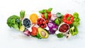 Fresh fruits and vegetables on a white wooden background. Top view. Royalty Free Stock Photo