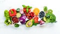 Fresh fruits and vegetables on a white wooden background. Top view. Royalty Free Stock Photo