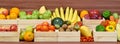 Fresh fruits and vegetables in woodem box Royalty Free Stock Photo