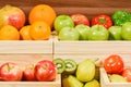 Fresh fruits and vegetables in woodem container Royalty Free Stock Photo
