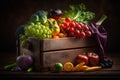 Fresh fruits and vegetables in a wooden box on a dark background. Royalty Free Stock Photo