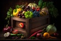 Fresh fruits and vegetables in a wooden box on a dark background. Royalty Free Stock Photo