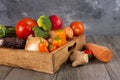 Fresh fruits and vegetables in a wooden box. New harvest and autumn time Royalty Free Stock Photo