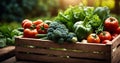 Fresh fruits and vegetables in wooden box on wooden table, closeup Royalty Free Stock Photo