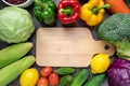 Fresh fruits and vegetables with Wooden cutting board. Copy space. vegan food concept. healthy eating background Royalty Free Stock Photo