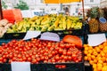 Fresh fruits and vegetables at Zelny trh old town market square in Brno, Czech Republic Royalty Free Stock Photo