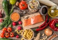 Fresh fruits and veggies, salmon, topshot Royalty Free Stock Photo