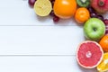 Fresh fruits on wooden boards frame background Royalty Free Stock Photo