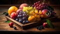 Fresh fruits in wooden box on rustic wooden table, closeup Royalty Free Stock Photo