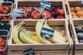 Fresh fruits in wooden crates on sale at Spitalfields Market, London, UK