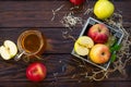 Fresh fruity apple juice and ripe apples on a wooden table. The concept of nutrition for superfoods and health or detoxification.