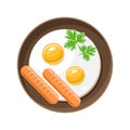 Fresh frying eggs with sausage decorated by greenery parsley top view vector flat illustration