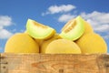 Fresh galia melons and a cut one Royalty Free Stock Photo