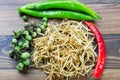 Fresh galingale, chili and turkey berry on wooden ground