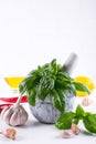 Fresh garden basil herbs in mortar and olive oil, garlic , red hot chili peppers, lemon Royalty Free Stock Photo