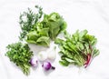 Fresh garden herbs on a white background, top view. Spinach, coriander, romaine salad, red onion - delicious aromatic food