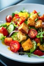 Fresh Garden Salad With Croutons Served on a White Plate in a Casual Dining Setting