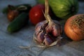 Fresh garden vegetables - garlic, onion, zucchini, tomatoes, cucumber on a light wooden background Royalty Free Stock Photo