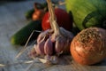 Fresh garden vegetables - garlic, onion, zucchini, tomatoes, cucumber on a light wooden background Royalty Free Stock Photo