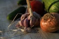 Fresh garden vegetables - garlic, onion, zucchini, tomatoes, cucumber on a light wooden background Royalty Free Stock Photo