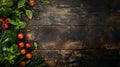 Fresh Garden Vegetables and Herbs on Rustic Wood Background
